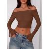 imagePRETTYGARDEN Fall Tops for Women 2025 Trendy Long Sleeve Crop Mesh Slim Fit Y2K Cute Shirts Going Out Off The Shoulder TopCoffee