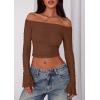imagePRETTYGARDEN Fall Tops for Women 2025 Trendy Long Sleeve Crop Mesh Slim Fit Y2K Cute Shirts Going Out Off The Shoulder TopCoffee