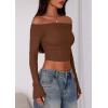 imagePRETTYGARDEN Fall Tops for Women 2025 Trendy Long Sleeve Crop Mesh Slim Fit Y2K Cute Shirts Going Out Off The Shoulder TopCoffee