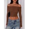 imagePRETTYGARDEN Fall Tops for Women 2025 Trendy Long Sleeve Crop Mesh Slim Fit Y2K Cute Shirts Going Out Off The Shoulder TopCoffee