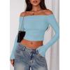 imagePRETTYGARDEN Fall Tops for Women 2025 Trendy Long Sleeve Crop Mesh Slim Fit Y2K Cute Shirts Going Out Off The Shoulder TopLight Blue