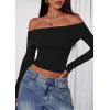 imagePRETTYGARDEN Off The Shoulder Tops for Women 2025 Long Sleeve Shirts Trendy Going Out Crop Top Spring Fashion ClothesBlack
