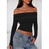 imagePRETTYGARDEN Off The Shoulder Tops for Women 2025 Long Sleeve Shirts Trendy Going Out Crop Top Spring Fashion ClothesBlack