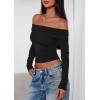 imagePRETTYGARDEN Off The Shoulder Tops for Women 2025 Long Sleeve Shirts Trendy Going Out Crop Top Spring Fashion ClothesBlack