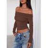 imagePRETTYGARDEN Off The Shoulder Tops for Women 2025 Long Sleeve Shirts Trendy Going Out Crop Top Spring Fashion ClothesCoffee