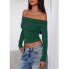 imagePRETTYGARDEN Off The Shoulder Tops for Women 2025 Long Sleeve Shirts Trendy Going Out Crop Top Spring Fashion ClothesDark Green
