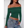 imagePRETTYGARDEN Off The Shoulder Tops for Women 2025 Long Sleeve Shirts Trendy Going Out Crop Top Spring Fashion ClothesDark Green
