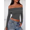imagePRETTYGARDEN Off The Shoulder Tops for Women 2025 Long Sleeve Shirts Trendy Going Out Crop Top Spring Fashion ClothesDark Grey