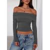 imagePRETTYGARDEN Off The Shoulder Tops for Women 2025 Long Sleeve Shirts Trendy Going Out Crop Top Spring Fashion ClothesDark Grey