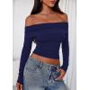 imagePRETTYGARDEN Off The Shoulder Tops for Women 2025 Long Sleeve Shirts Trendy Going Out Crop Top Spring Fashion ClothesNavy