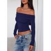 imagePRETTYGARDEN Off The Shoulder Tops for Women 2025 Long Sleeve Shirts Trendy Going Out Crop Top Spring Fashion ClothesNavy
