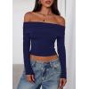 imagePRETTYGARDEN Off The Shoulder Tops for Women 2025 Long Sleeve Shirts Trendy Going Out Crop Top Spring Fashion ClothesNavy