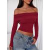 imagePRETTYGARDEN Off The Shoulder Tops for Women 2025 Long Sleeve Shirts Trendy Going Out Crop Top Spring Fashion ClothesWine Red