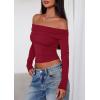 imagePRETTYGARDEN Off The Shoulder Tops for Women 2025 Long Sleeve Shirts Trendy Going Out Crop Top Spring Fashion ClothesWine Red