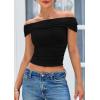 imagePRETTYGARDEN Summer Tops for Women 2025 Off Shoulder Short Sleeve Ruched Slim Fit Shirts Blouses Y2K Going Out TopBlack