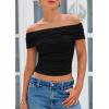 imagePRETTYGARDEN Summer Tops for Women 2025 Off Shoulder Short Sleeve Ruched Slim Fit Shirts Blouses Y2K Going Out TopBlack