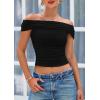 imagePRETTYGARDEN Summer Tops for Women 2025 Off Shoulder Short Sleeve Ruched Slim Fit Shirts Blouses Y2K Going Out TopBlack
