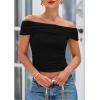 imagePRETTYGARDEN Summer Tops for Women 2025 Off Shoulder Short Sleeve Ruched Slim Fit Shirts Blouses Y2K Going Out TopBlack