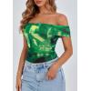 imagePRETTYGARDEN Summer Tops for Women 2025 Off Shoulder Short Sleeve Ruched Slim Fit Shirts Blouses Y2K Going Out TopFloral Green