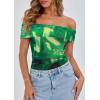imagePRETTYGARDEN Summer Tops for Women 2025 Off Shoulder Short Sleeve Ruched Slim Fit Shirts Blouses Y2K Going Out TopFloral Green