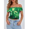 imagePRETTYGARDEN Summer Tops for Women 2025 Off Shoulder Short Sleeve Ruched Slim Fit Shirts Blouses Y2K Going Out TopFloral Green