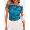 imagePRETTYGARDEN Summer Tops for Women 2025 Off Shoulder Short Sleeve Ruched Slim Fit Shirts Blouses Y2K Going Out TopFloral Lake Blue
