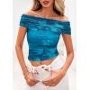 imagePRETTYGARDEN Summer Tops for Women 2025 Off Shoulder Short Sleeve Ruched Slim Fit Shirts Blouses Y2K Going Out TopFloral Lake Blue