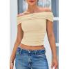 imagePRETTYGARDEN Summer Tops for Women 2025 Off Shoulder Short Sleeve Ruched Slim Fit Shirts Blouses Y2K Going Out TopLight Apricot
