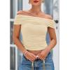 imagePRETTYGARDEN Summer Tops for Women 2025 Off Shoulder Short Sleeve Ruched Slim Fit Shirts Blouses Y2K Going Out TopLight Apricot