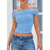 imagePRETTYGARDEN Summer Tops for Women 2025 Off Shoulder Short Sleeve Ruched Slim Fit Shirts Blouses Y2K Going Out TopLight Blue
