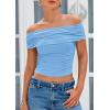 imagePRETTYGARDEN Summer Tops for Women 2025 Off Shoulder Short Sleeve Ruched Slim Fit Shirts Blouses Y2K Going Out TopLight Blue