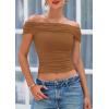 imagePRETTYGARDEN Summer Tops for Women 2025 Off Shoulder Short Sleeve Ruched Slim Fit Shirts Blouses Y2K Going Out TopLight Brown