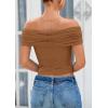 imagePRETTYGARDEN Summer Tops for Women 2025 Off Shoulder Short Sleeve Ruched Slim Fit Shirts Blouses Y2K Going Out TopLight Brown