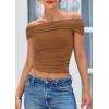 imagePRETTYGARDEN Summer Tops for Women 2025 Off Shoulder Short Sleeve Ruched Slim Fit Shirts Blouses Y2K Going Out TopLight Brown