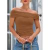 imagePRETTYGARDEN Summer Tops for Women 2025 Off Shoulder Short Sleeve Ruched Slim Fit Shirts Blouses Y2K Going Out TopLight Brown