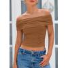 imagePRETTYGARDEN Summer Tops for Women 2025 Off Shoulder Short Sleeve Ruched Slim Fit Shirts Blouses Y2K Going Out TopLight Brown