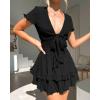 imagePRETTYGARDEN Women Summer Short Dress 2025 Casual V Neck Short Sleeve Tiered Bow Mini Sun Dresses Beach Vacation SundressBlack