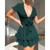 imagePRETTYGARDEN Women Summer Short Dress 2025 Casual V Neck Short Sleeve Tiered Bow Mini Sun Dresses Beach Vacation SundressDark Green