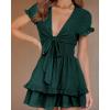 imagePRETTYGARDEN Women Summer Short Dress 2025 Casual V Neck Short Sleeve Tiered Bow Mini Sun Dresses Beach Vacation SundressDark Green