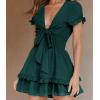 imagePRETTYGARDEN Women Summer Short Dress 2025 Casual V Neck Short Sleeve Tiered Bow Mini Sun Dresses Beach Vacation SundressDark Green