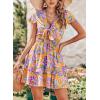imagePRETTYGARDEN Women Summer Short Dress 2025 Casual V Neck Short Sleeve Tiered Bow Mini Sun Dresses Beach Vacation SundressFloral Orange