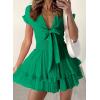 imagePRETTYGARDEN Women Summer Short Dress 2025 Casual V Neck Short Sleeve Tiered Bow Mini Sun Dresses Beach Vacation SundressGreen