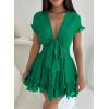 imagePRETTYGARDEN Women Summer Short Dress 2025 Casual V Neck Short Sleeve Tiered Bow Mini Sun Dresses Beach Vacation SundressGreen