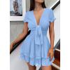 imagePRETTYGARDEN Women Summer Short Dress 2025 Casual V Neck Short Sleeve Tiered Bow Mini Sun Dresses Beach Vacation SundressLight Blue