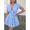 imagePRETTYGARDEN Women Summer Short Dress 2025 Casual V Neck Short Sleeve Tiered Bow Mini Sun Dresses Beach Vacation SundressLight Blue