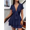 imagePRETTYGARDEN Women Summer Short Dress 2025 Casual V Neck Short Sleeve Tiered Bow Mini Sun Dresses Beach Vacation SundressNavy