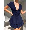 imagePRETTYGARDEN Women Summer Short Dress 2025 Casual V Neck Short Sleeve Tiered Bow Mini Sun Dresses Beach Vacation SundressNavy