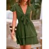 imagePRETTYGARDEN Women Summer Short Dress 2025 Casual V Neck Short Sleeve Tiered Bow Mini Sun Dresses Beach Vacation SundressOlive Green