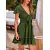 imagePRETTYGARDEN Women Summer Short Dress 2025 Casual V Neck Short Sleeve Tiered Bow Mini Sun Dresses Beach Vacation SundressOlive Green