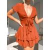 imagePRETTYGARDEN Women Summer Short Dress 2025 Casual V Neck Short Sleeve Tiered Bow Mini Sun Dresses Beach Vacation SundressOrange